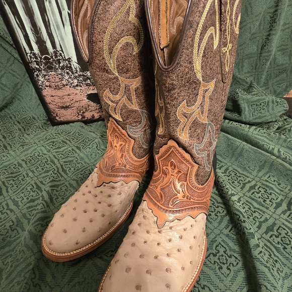 Vtg Montana OSTRICH boots MENS sz 10D FULL QUILL VAMP & HAND TOOLED \'SADDLE\' main image 11